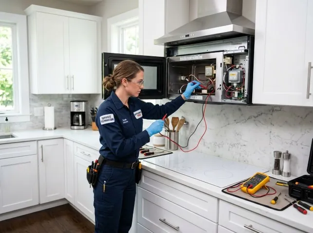 Appliance Repair Hero technician testing an over-the-range microwave in a Ballard, WV kitchen